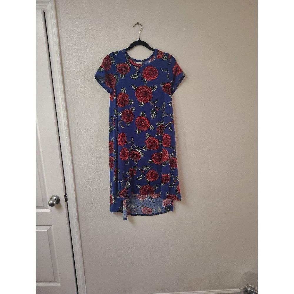 LuLaRoe Carly Dress Womens XS Blue Red Rose Floral High Low Short Sleeve Swing